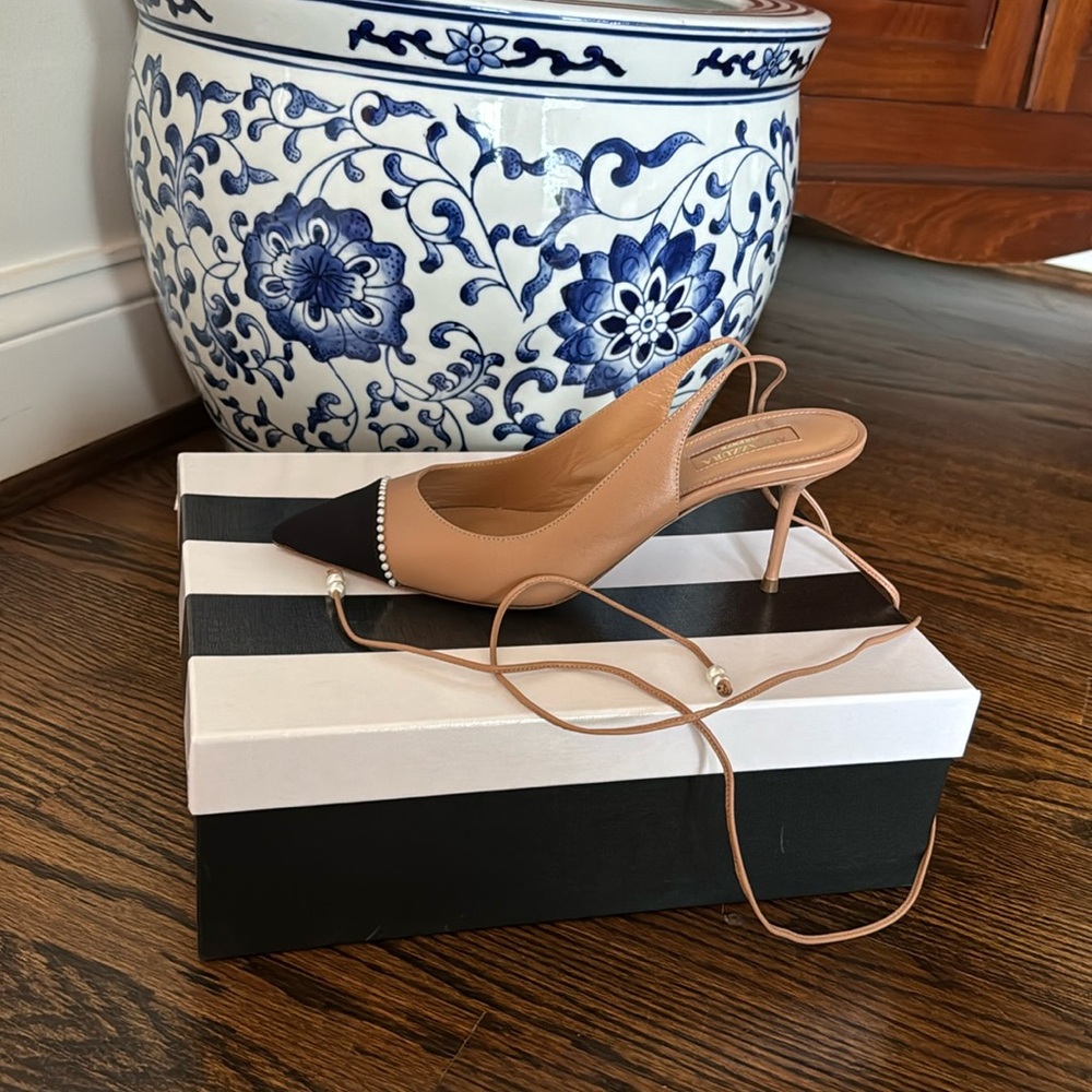 Aquazzura Pointed Toe Black Cap Kitten Heel with Pearl Ankle Wrap Tie